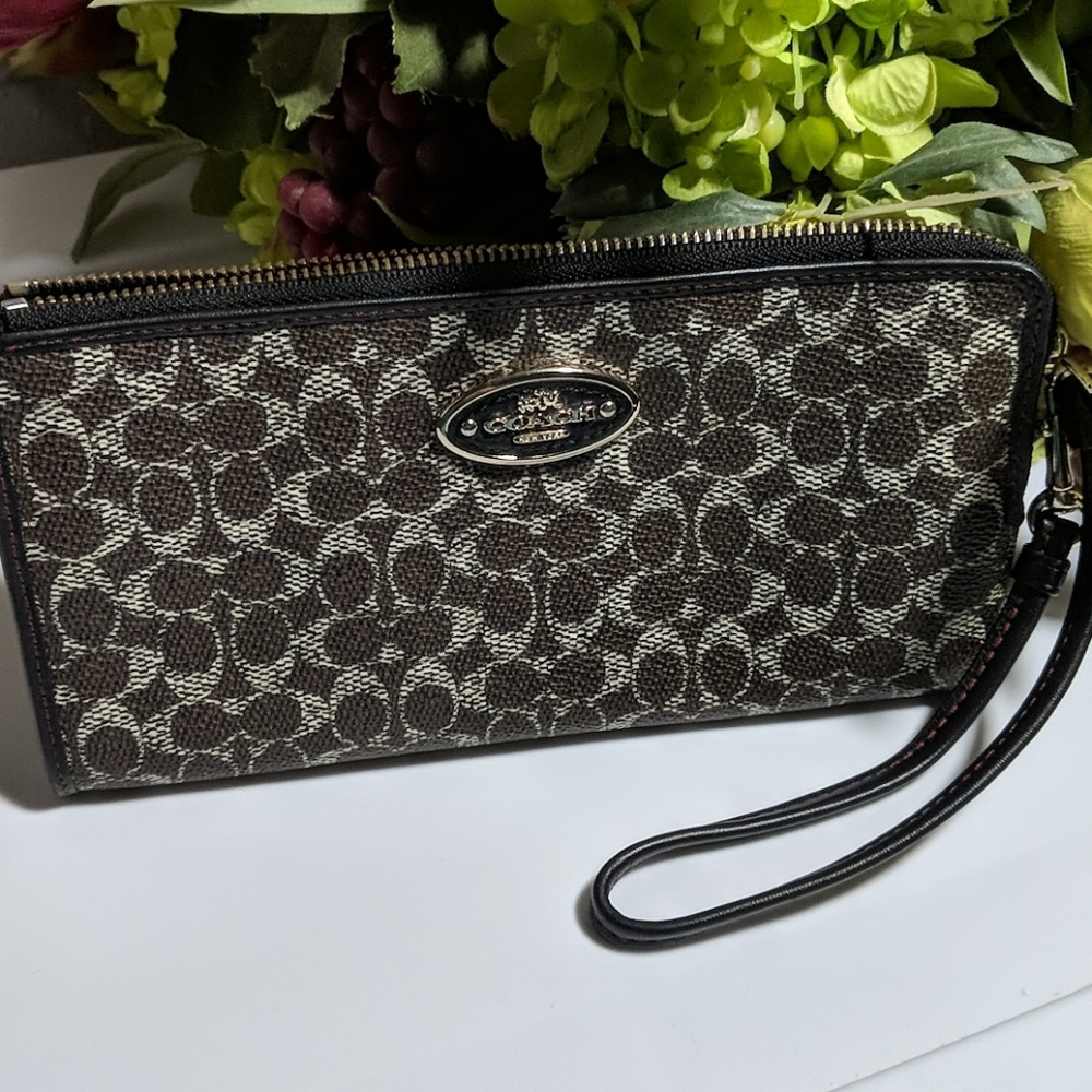 Coach leather wristlet brown logo